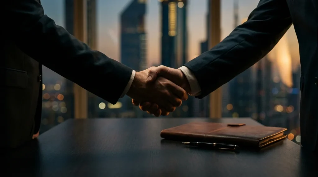 Poignée de main entre un investisseur et un promoteur immobilier à Dubaï