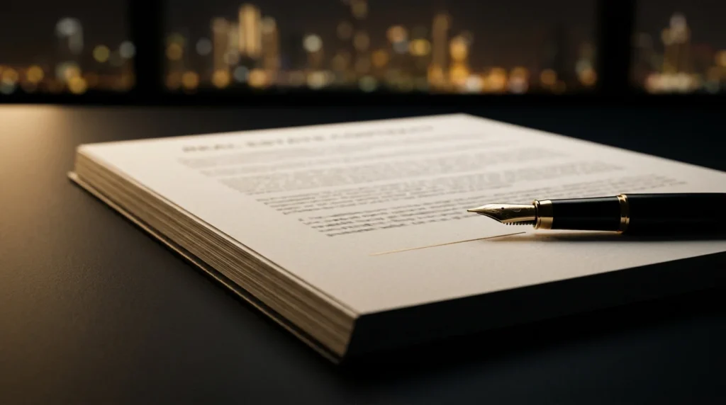 Contrat immobilier posé sur un bureau, stylo plume prêt à signer, skyline de Dubaï en arrière-plan