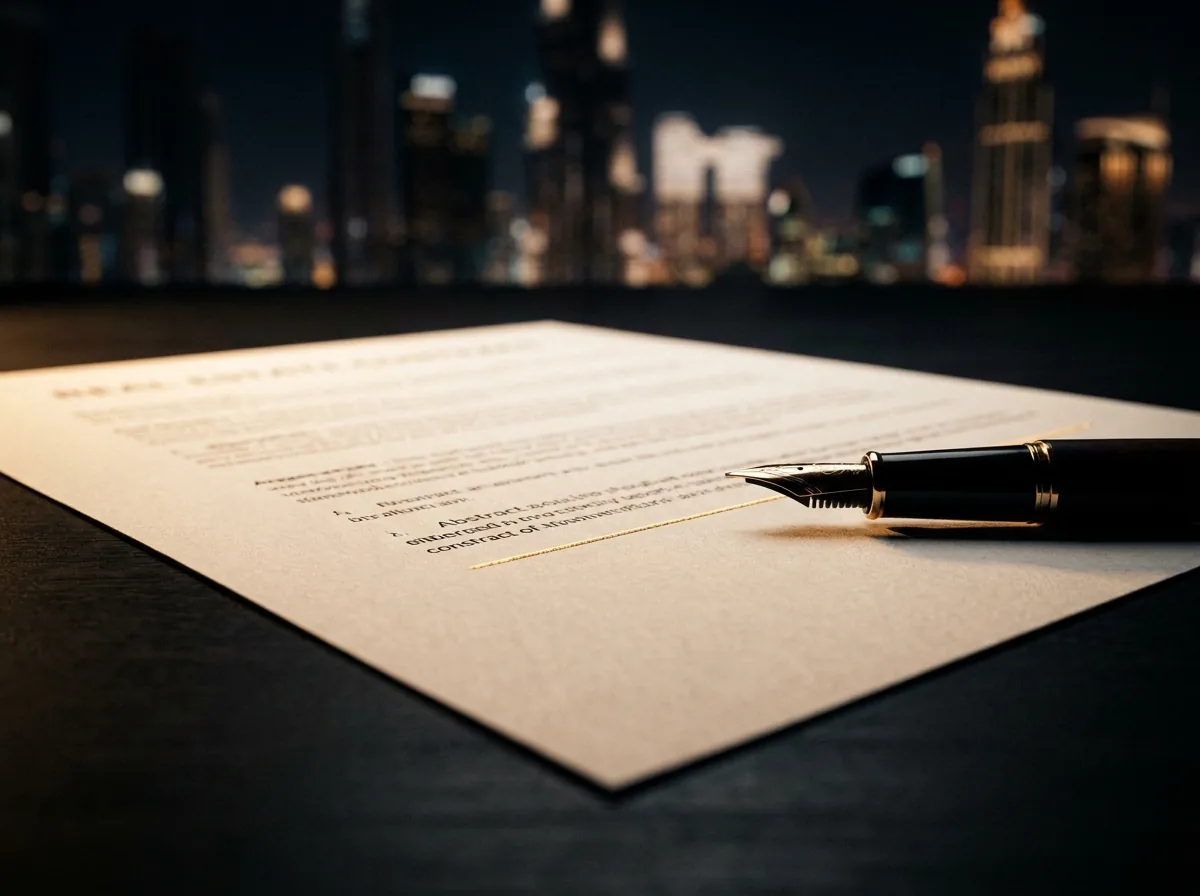 Contrat immobilier signé à Dubaï avec une clause de pénalité de retard soulignée, illustrant la question du ribâ